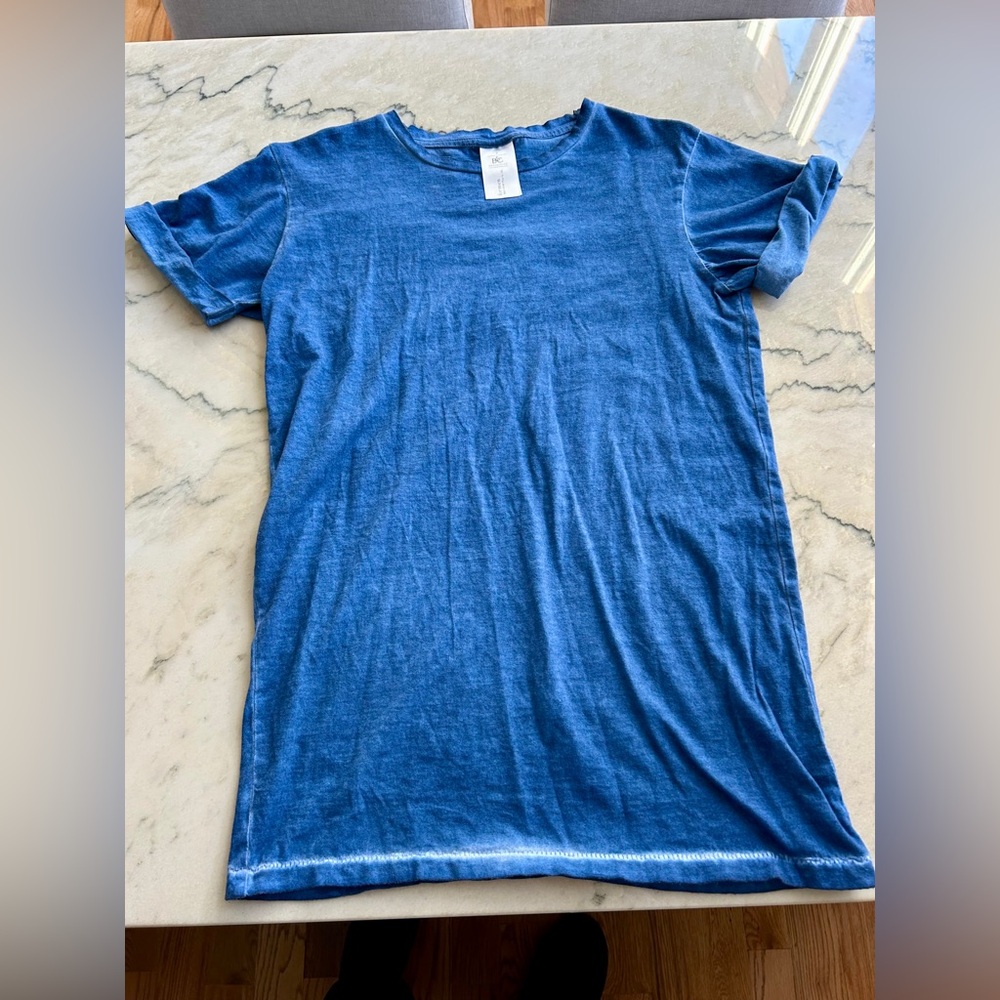 LOVE brand t-shirt, says F/U/C/K covid 19 by LOVE in neon green on washed blue-S